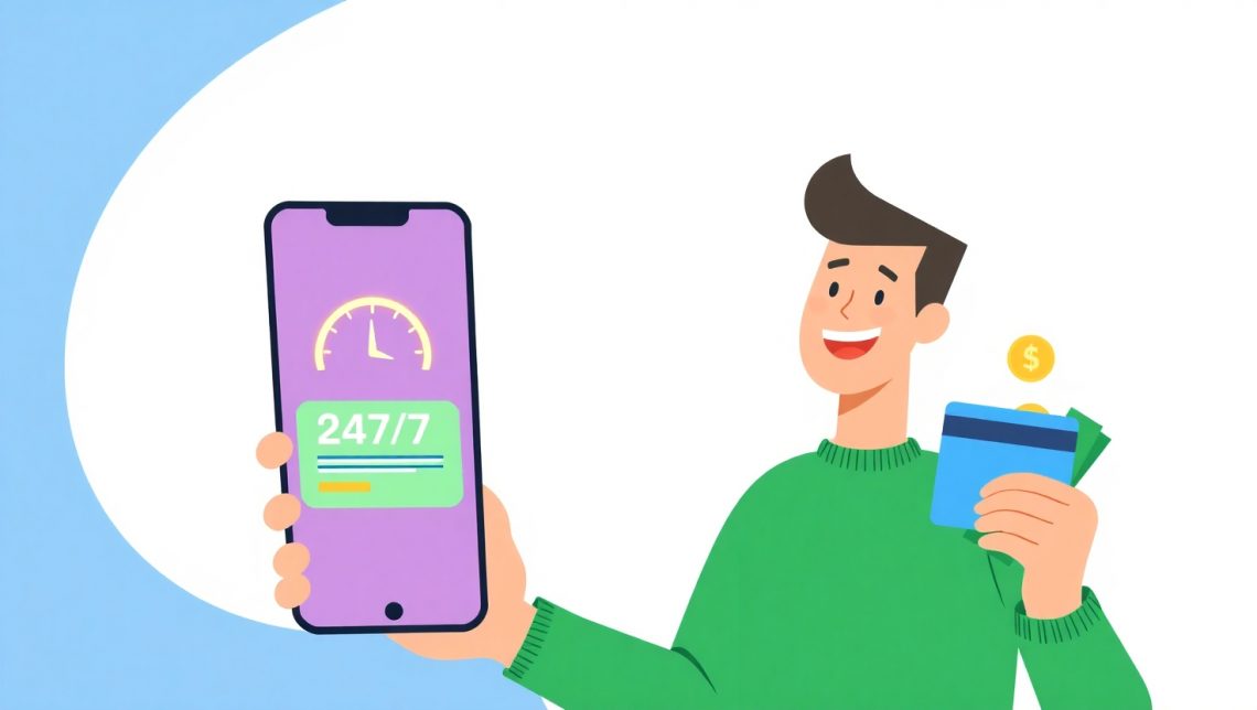 Займ без звонков: смартфон с одобренной заявкой, карта с поступающими деньгами и значок «без телефона».